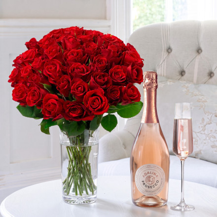 50 Classic Red Roses & Prosecco Rosé