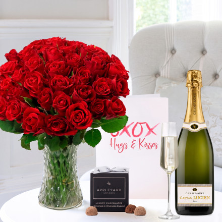 50 Classic Red Roses, Lucien Gaeten Champagne (75cl), 12 Mixed Truffles & Romance Card