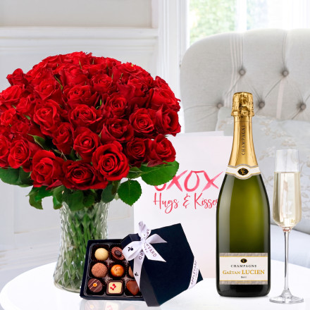 50 Classic Red Roses, Lucien Gaeten Champagne (75cl), Box of 9 Chocolates & Romance Card