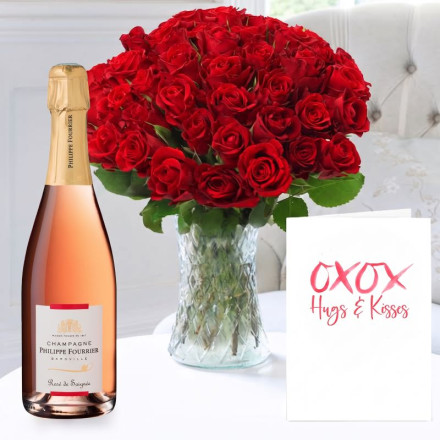 50 Red Roses, Philippe Fourier Rose Champagne (75cl) & Romance Card