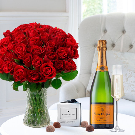50 Classic Red Roses & Veuve Clicquot & 6 Mixed Truffles