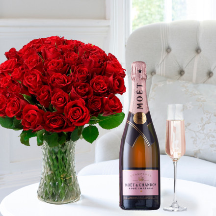 50 Classic Red Roses & Moët Rosé