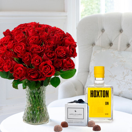 50 Classic Red Roses, Tropical Gin & 6 Mixed Truffles