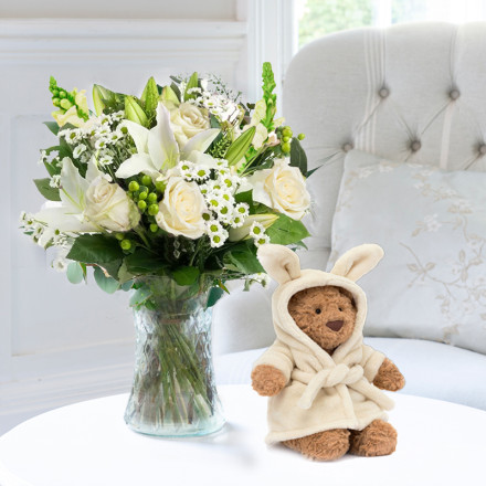Simply White Rose & Lily & Jellycat Bartholomew Bear Bathrobe (26cm)