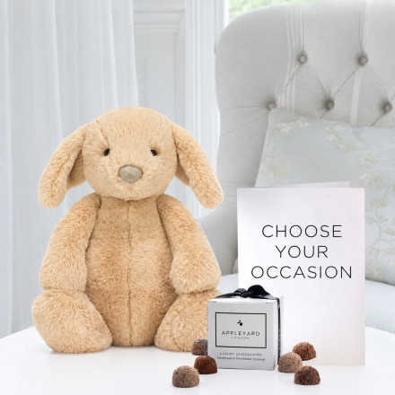 Jellycat Luxe Puppy Orlando (31cm), 6 Mixed Truffles & Occasion Card