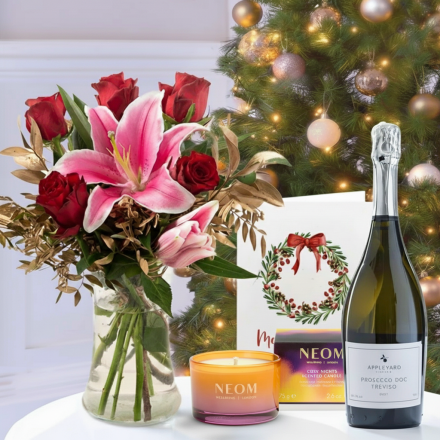 Festive Lily & Rose, Prosecco, NEOM Cosy Nights Candle (75g) & Christmas Card