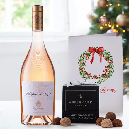 Whispering Angel Wine (75cl), 12 Mixed Truffles & Christmas Card