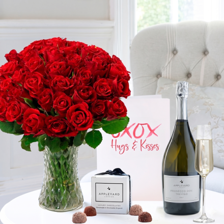 50 Classic Red Roses, Prosecco, 6 Mixed Truffles & Romance Card