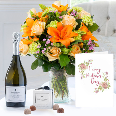 Luxury Coral Garden, Prosecco, 6 Mixed Truffles & Mother's Day Card