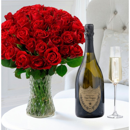 50 Classic Red Roses & Dom Perignon