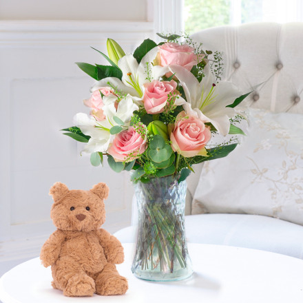 Simply Pink Rose & Lily & Jellycat Bartholomew Bear (16cm)
