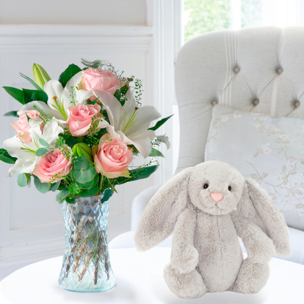 Simply Pink Rose & Lily & Jellycat® Silver Bunny (31cm)