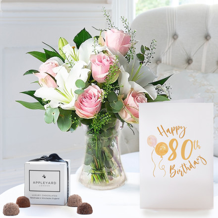 Simply Pink Rose & Lily, 6 Mixed Truffles & 80th Birthday Card