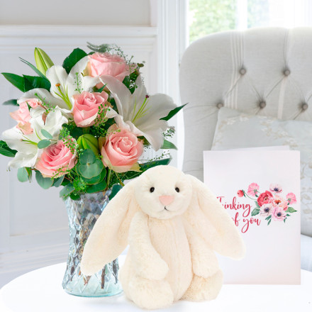 Simply Pink Rose & Lily, Jellycat Cream Bunny (31cm) & Thinking of You Card