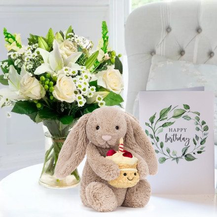 Simply White Rose & Lily, Jellycat Birthday Bunny & Birthday Card (31cm)