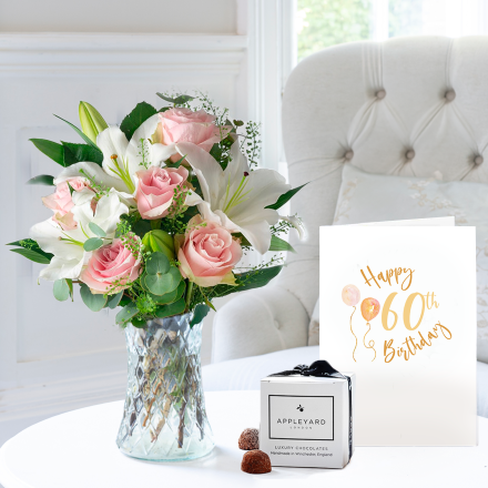 Simply Pink Rose & Lily, 6 Mixed Truffles & 60th Birthday Card