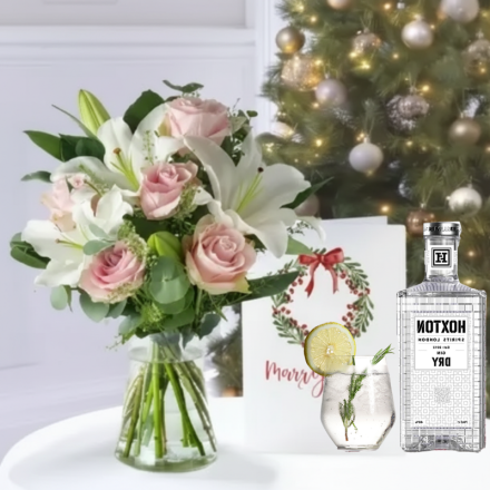 Simply Pink Rose & Lily, Hoxton Dry Gin (70cl) & Christmas Card