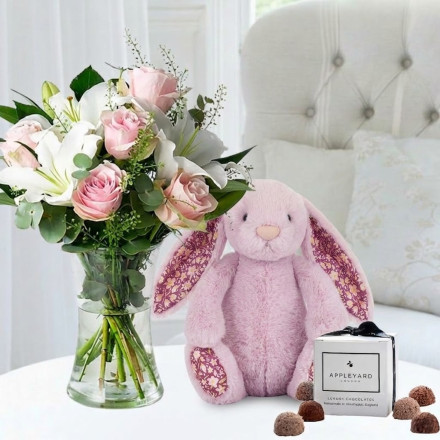 Simply Pink Rose & Lily, Jellycat Thistlepop Blossom Bunny (31cm) & 6 Mixed Truffles