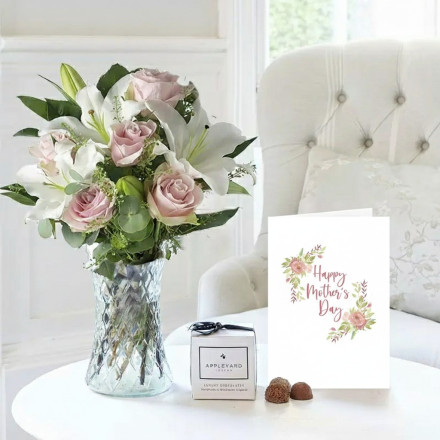 Simply Pink Rose & Lily, 6 Mixed Truffles & Happy Mother's Day Card