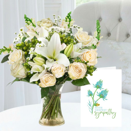 Simply White Rose & Lily, Vase & Sympathy Card