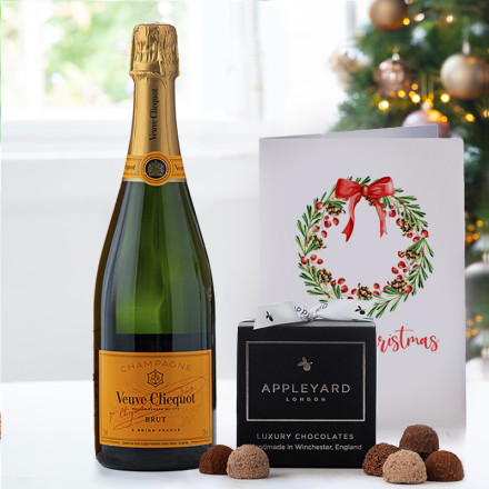 Veuve Clicquot Yellow Label Brut Champagne (75cl), 12 Mixed Truffles & Christmas Card