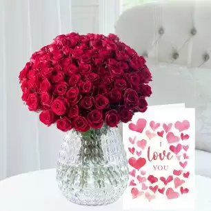 100 Luxury Red Roses, Premium Bubble Vase (23cm) & Romance Card
