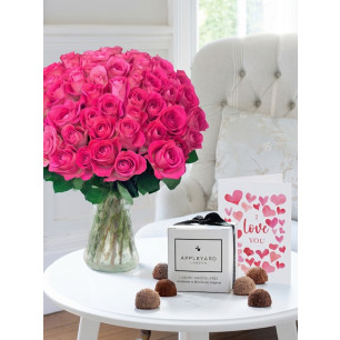 50 Pink Roses, 6 Truffles & Romance Card