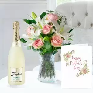 Simply Pink Rose & Lily, Alcohol Free Prosecco (75cl), 6 Mixed Truffles & Mother's Day Card