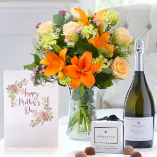 Coral Charm, Appleyard Prosecco, 6 Mixed Truffles & Mother's Day Card