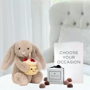 Jellycat Bashful Beige Bunny ‘Birthday’ (31cm), 6 Mixed Truffles & Occasion Card