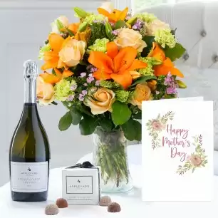 Luxury Coral Garden, Prosecco, 6 Mixed Truffles & Mother's Day Card