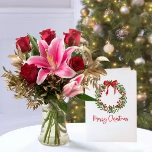 Festive Lily & Rose, Vase & Christmas Card
