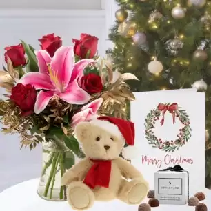 Magical Lily & Rose, Keels Christmas Bear with Hat (20cm), 6 Mixed Truffles & Christmas Card