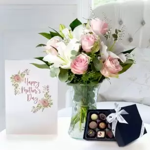 Simply Pink Rose & Lily, 9x Luxury Chocolates & Mother's Day Card