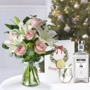 Simply Pink Rose & Lily, Hoxton Dry Gin (70cl) & Christmas Card