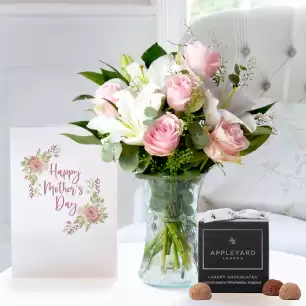 Simply Pink Rose & Lily, Vase, 12 Mixed Truffles & Happy Mother's Day Card