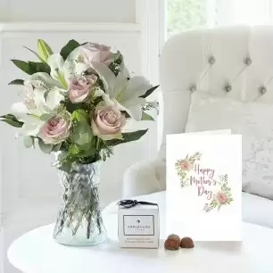 Simply Pink Rose & Lily, 6 Mixed Truffles & Happy Mother's Day Card