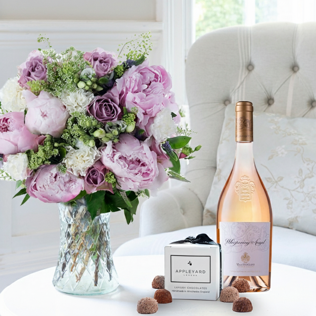 Flower Gift Set Lilac Rose & Pink Peony, Whispering Angel & 6 Chocolate Truffles - Peonies, Rosé Wine & Chocolates Gift Set - Next Day Flower & Gift