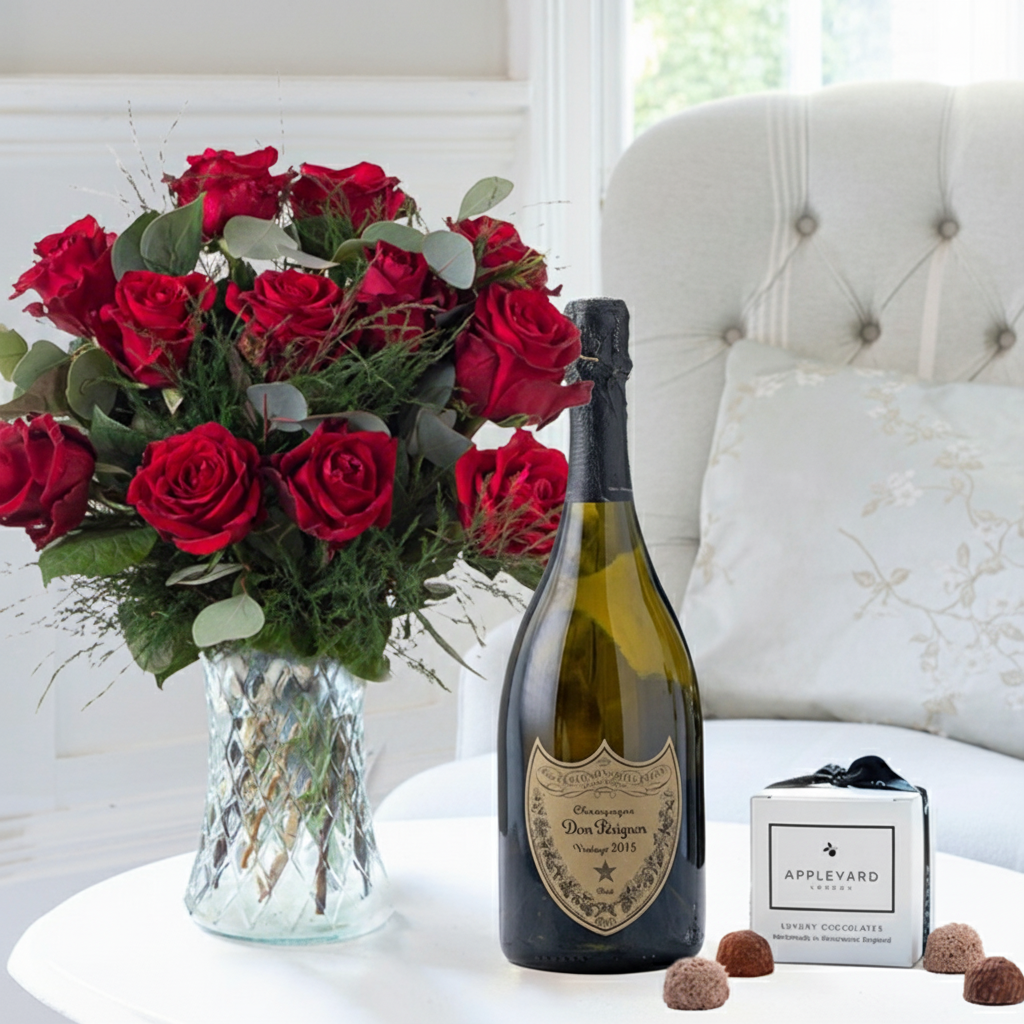 Flower Gift Set - 12-24 Large Headed Red Roses, 6 Truffles & Dom Perignon - Next Day Flower & Gift Delivery UK - Appleyard London