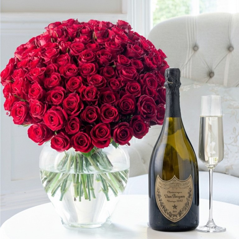 Flower Gift Set 100 Red Roses & Dom Perignon Champagne - Roses & Champagne Gift Set - Next Day Flower & Gift Delivery UK - Appleyard London