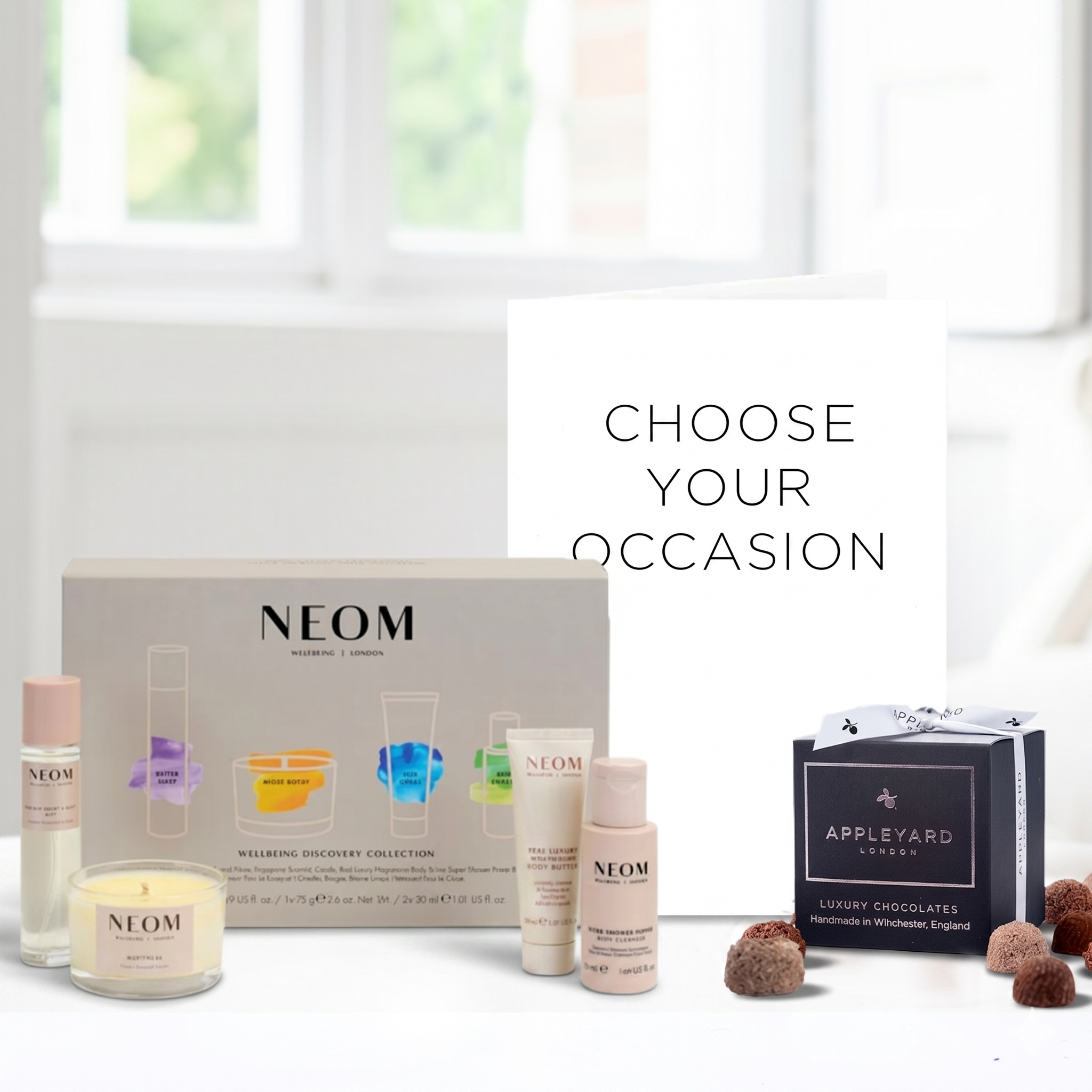 NEOM Wellbeing Discovery Collection, 12 Mixed Truffles & Occasion Card - Hamper - Next Day Hamper Gift Delivery UK - Appleyard London