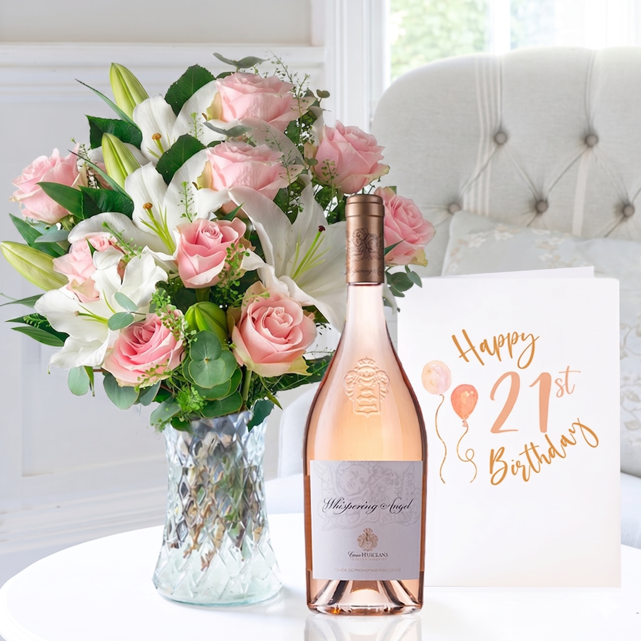 21st Birthday Gift Flower Gift Set - Birthday Gift - Roses & Lilies With Whispering Angel Wine - Pink - Next Day Flower & Gift Delivery UK - Appleyard