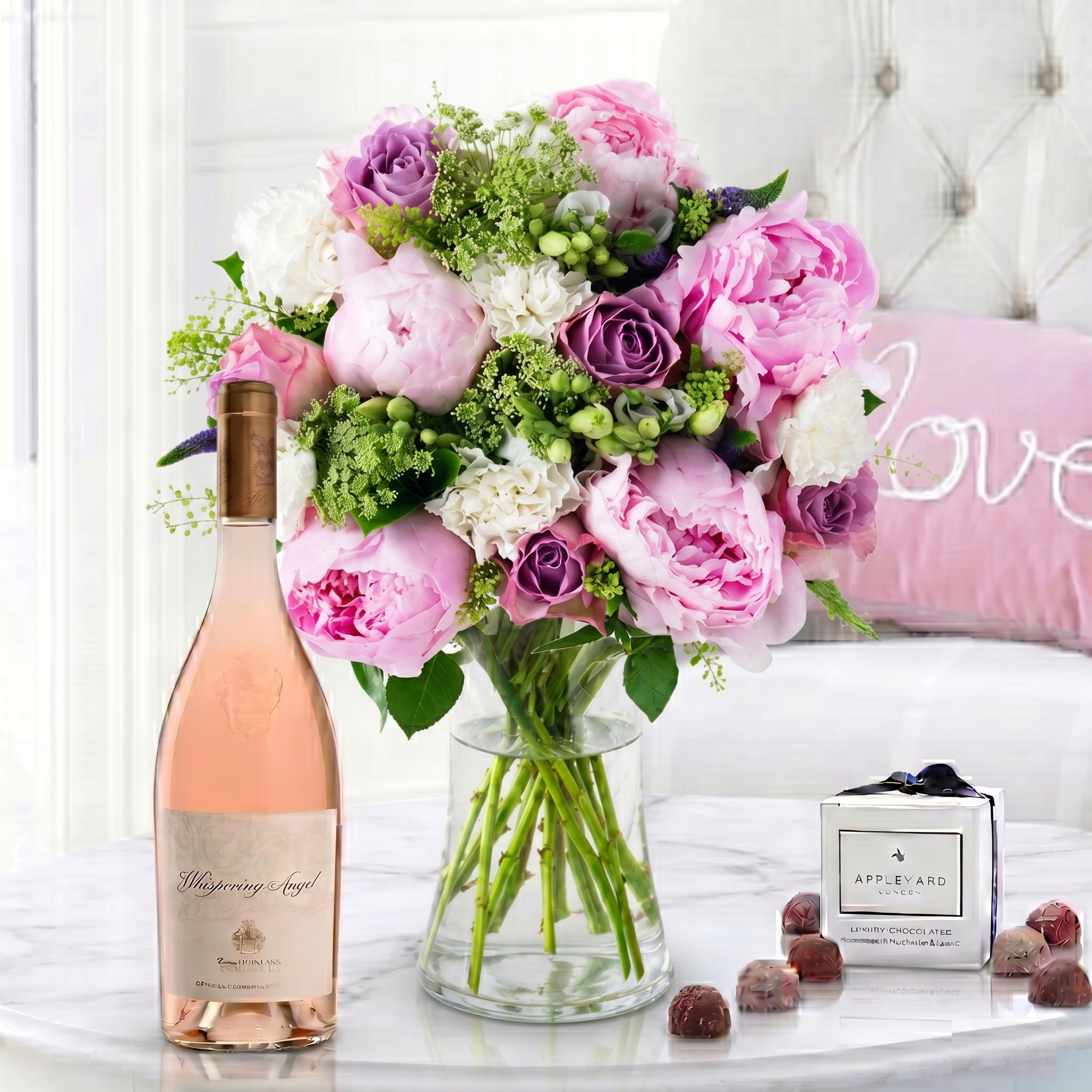 Flower Gift Set - Lilac Rose & Pink Peony, Whispering Angel & 6 Mixed Truffles - Ammi Visnaga & Greenbell - Next Day Flower & Gift Delivery UK -