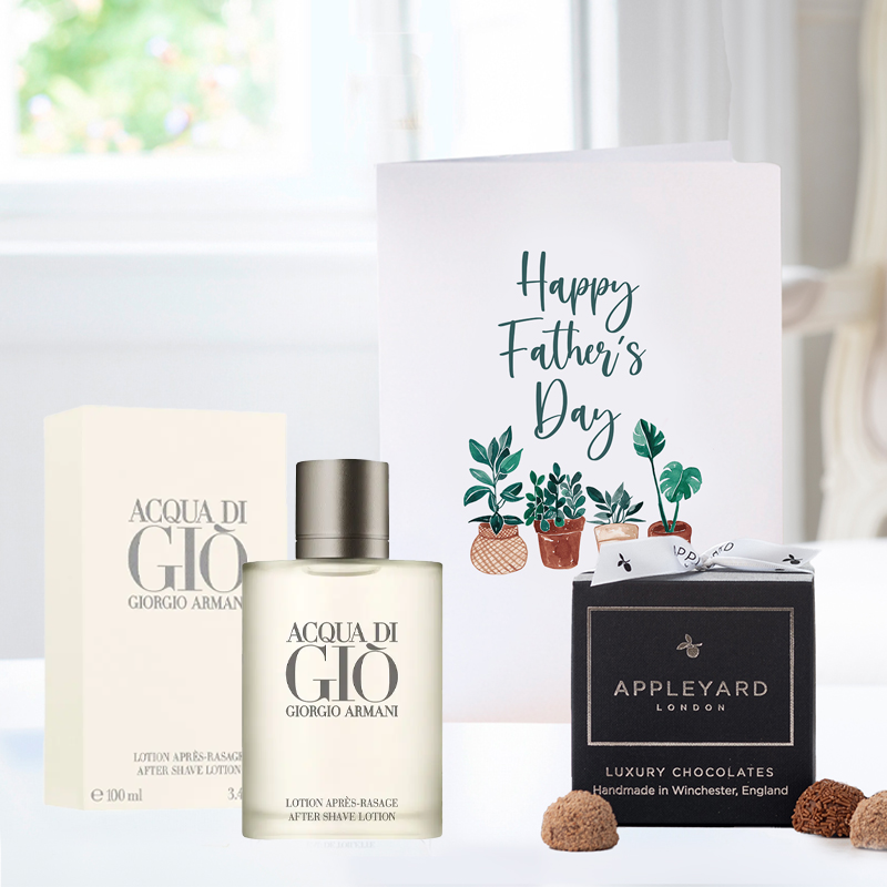 Giorgio Armani Acqua di Gio Aftershave, 12 Handmade Chocolate Truffles & Father's Day Card - Hamper - Next Day Hamper Gift Delivery UK