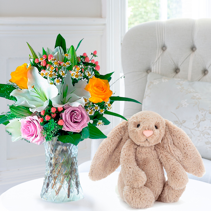 Flower Gift Set - Glaze & Jellycat Bashful Bunny - Beige - Chrysanthemum & Hypericum Berry - Next Day Flower & Gift Delivery UK - Appleyard