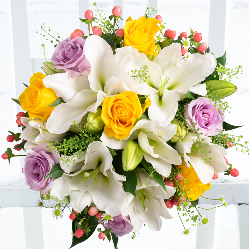 Yellow Roses, Lilac Roses, White Lilies & Daisies - Rose & Lily Flower Bouquet - Glaze - Yellow & White Flowers - Next Day Flower Delivery UK