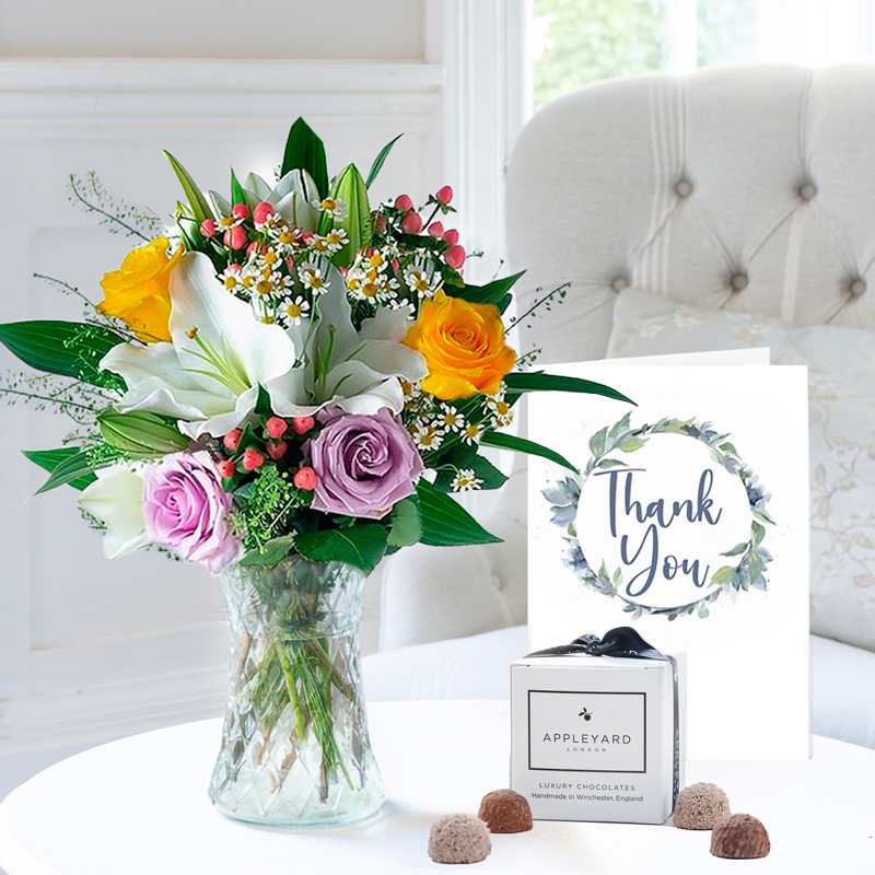 Flowers & Chocolates Thank You Glaze, 6 Mixed Truffles & Card - Luxury Hand - Tied Bouquets & Gifts - White - Next Day Flower & Gift Delivery UK