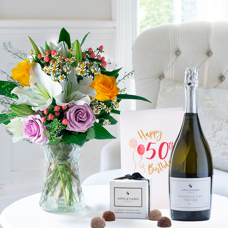50th Birthday Gift Flower Gift Set Glaze - Appleyard Prosecco, 6 truffles & Birthday Card - Next Day Flower & Gift Delivery UK - Appleyard London