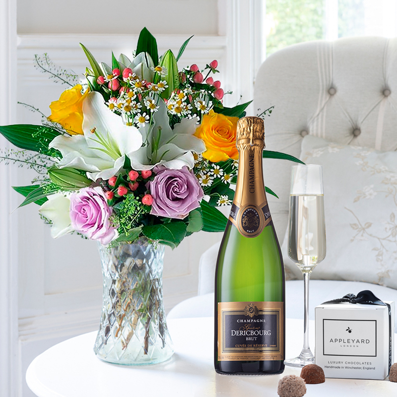 Flower Gift Set Glaze, Champagne Dericbourg & 6 Chocolate Truffles - Roses & Champagne Gift - Flowers, Champagne & Chocolates - Next Day Flower