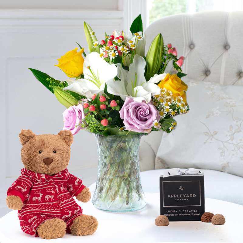 Flower Gift Set - Glaze, Jellycat Bartholomew Bear In Pyjamas & 12 Appleyard Truffles - White - Chrysanthemum & Hypericum Berry - Next Day